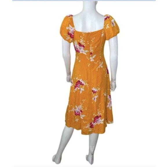 Lulus M Yellow Midi Dress Floral Front Slit Back Zip Feminine Quaint Puffed Chic - Picture 8 of 8